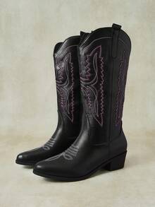 Styleloop Women's Western Boots Slip-On Embroidered Medium Boots Thick Heel Bohemian Vacation Boots Low Heel Street Knight Boots - YP-Black 5 - View 10