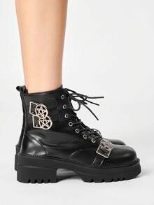 ROMWE Grunge Punk 女款 Diablo 龐克哥德風綁帶蝙蝠機車靴，厚底增高騎行靴，金屬鏈條過膝靴，踝靴 - 皮帶扣黑色 - 查看 5