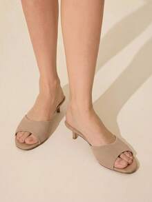 CUCCOO BASICS Sandalias de tacón de gatito con punta abierta de punto beige elegantes para mujer, perfectas para el verano - Albaricoque - Ver 2