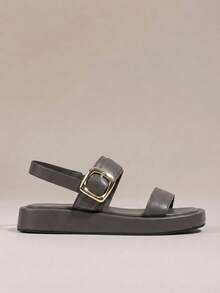 HighSole 雙帶式露趾方頭厚底平底休閒女款涼鞋，適合通勤、購物與度假穿著 - 淺灰色 - 查看 2