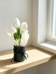 Mini Round Gift Box Artificial White Tulip Bouquet, Silk Fake Flower With Black Bow Decor, Aesthetic Dried Flower Ornament For Bedroom Table Wedding Party Home Decor Gift - White - View 7