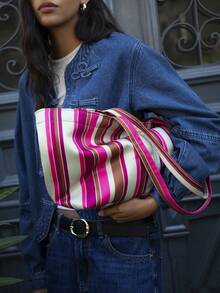 Nöista Striped Canvas Tote Bag In Pink,Green, Brown And Cream With Long Matching Handles, Zip Closure, And A Spacious Shape. - Red - View 6