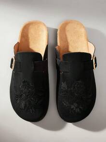 Solecia Women's Flat Round Toe Embroidered Slip-On Casual Comfortable Loafers Fall Shoes - Black - View 1
