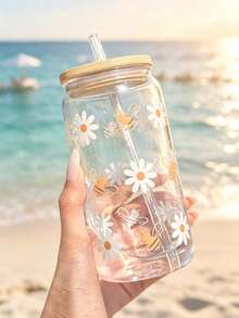 16 Ounce Leak Proof Transparent Water Cup With Straw | Cute Daisy And Cartoon Bee Pattern | Travel Cup Suitable For Iced Coffee | Comes With Lid And Straw | Printed With "Soda Can" Style | Fashionable And Fun Suitable For Iced Drinks - Multicolor - View 10