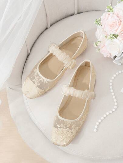 CUCCOO HITCHD Pleated Ribbon Floral Embroidery Mesh Square Head Flat Bottom Gentle Apricot Lace Mary Jane Single Shoes Travel Dating Daily Commuter