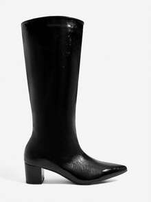 Daringsoles Pointed Thick-Heeled High Boots, Versatile Black Soft Leather And Lacquer Boots, Slip-On Commuter Boots Fall Shoes - Black 1 - View 2