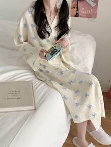 1件裝女款蝴蝶結印花裹身晨袍，休閒寬鬆皺褶布料居家家居服 - 藍色蝴蝶結 - 查看 4