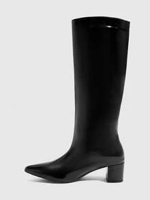 Daringsoles Pointed Thick-Heeled High Boots, Versatile Black Soft Leather And Lacquer Boots, Slip-On Commuter Boots Fall Shoes - Black 1 - View 4