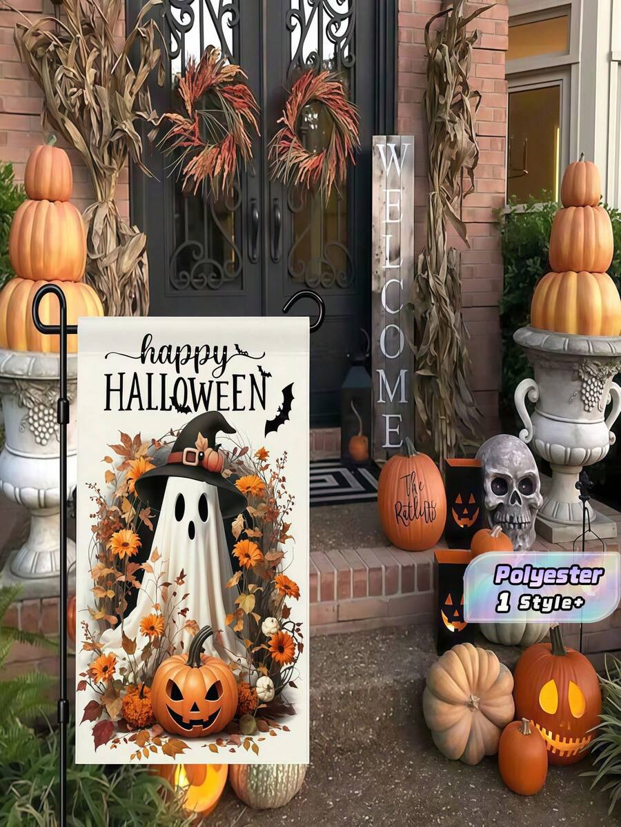Happy Halloween Garden Flag, Double-Sided Small Pumpkin Light Bat Outdoor Yard Decor, Durable Polyester For Home, Patio, Party, Holiday, No Pole Included - multicolor - View 1