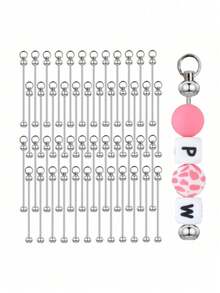 48pcs Blank Bead Insert Keychain Metal Strap Connectors, Bulk DIY Handmade Supplies For Custom Keychains, Charm Pendant Accessories - Silver - View 8