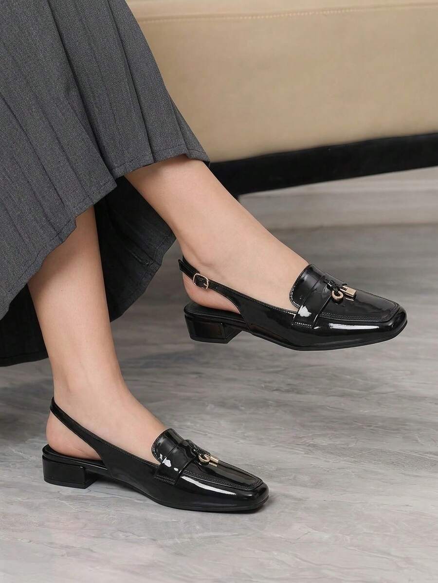 Sleekvia Women Shoes Square Toe Short Medium Heel Brown Back Strap Classic Simple Basics Comfortable Commuting Versatile Go To Work Shopping Women's Flat Shoe - Shining Night Black - View 1