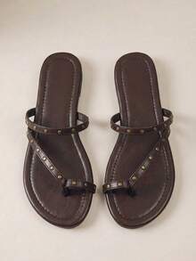 HighSole Studded Thong Sandals In Chocolate Brown With Antique Gold Pyramid Accents-A Bold, Edgy Silhouette For Festival Style, Spring Street-Wear, Or An Effortless Summer Guest Look. - Brown - View 1