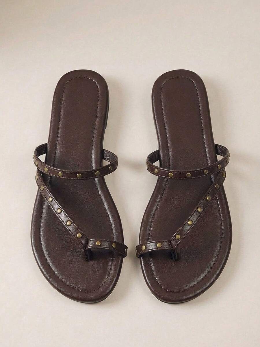 HighSole Studded Thong Sandals In Chocolate Brown With Antique Gold Pyramid Accents-A Bold, Edgy Silhouette For Festival Style, Spring Street-Wear, Or An Effortless Summer Guest Look. - Brown - View 1