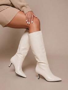 Daringsoles Women's Pointed Toe High Shaft Boots, New Autumn/Winter Beige Soft Leather Knee-High Low Heel Boots, Versatile For Commuting And Dating - Beige - View 11