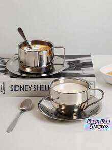 1pc Stainless Steel Coffee Cup Set With Cup, Saucer And Spoon, Modern Metal Tea Cup For Home Office - Multicolor - View 1