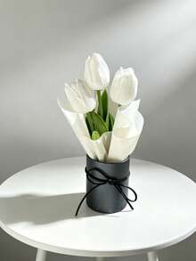 Mini Round Gift Box Artificial White Tulip Bouquet, Silk Fake Flower With Black Bow Decor, Aesthetic Dried Flower Ornament For Bedroom Table Wedding Party Home Decor Gift - White - View 4