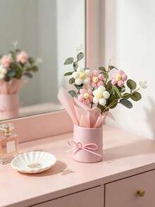手工花束粉色禮品桶裝，雛菊花藝蝴蝶結裝飾，迷你人造花桌飾，生日禮物居家裝飾 - 粉色系小花筒花束 - 查看 7