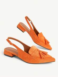 CUCCOO CHICEST Suede Fringed Pointed Toe Low Heel Strap Shoes, Elegant Closed Toe Slingback Commuter Women's Sandals Fall Shoes - Orange - View 4
