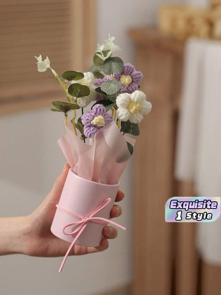 Handmade Daisy Flower Bouquet With Pink Round Gift Bucket, Artificial Floral Arrangement With Ribbon Bow, Mini Fake Flower Decor For Desktop, Birthday & Holiday Gift - Purple bouquet - View 1