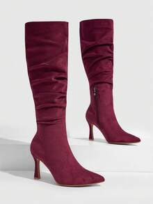 CUCCOO SZL Autumn And Winter Pointed Stiletto Burgundy Suede Piled Boots Pleated Boots Fashion Simple Sexy Nightclub Party High Boots Women Knee Boots High Boots Fall Shoes - Burgundy - View 2
