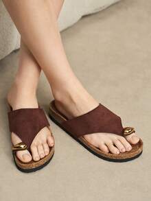 Solecia Metal Decoration Toe Design Retro Women Cool Slippers Vacation Casual Daily Wear - Chocolate Brown - View 5