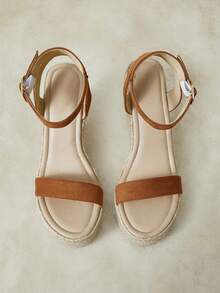 Styleloop Women's Brown Straw Rope Sole Buckle Wedge Platform Shoes, Vacation Beach Travel Outfit - Brown - View 7