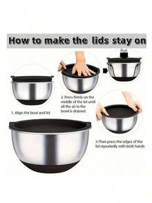 3 PiecesSalad Bowl Set With Cover, Mixing Bowl Set, Stainless Steel Salad Mixing Bowls With Silicone Base And Lids, Non-Slip For Food Storage, Meal Prep, Salad And More, Kitchen Gadgets And Accessories - View 4