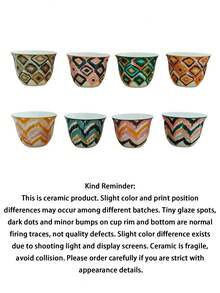 8pcs Bohemian Ikat Diamond & Zigzag Pattern Ceramic Tea Cup Set, Per Color Stackable Hand-Painted Mini Porcelain Mug, Suitable For Coffee, Kung Fu Tea, Home Gift - Multicolor - View 13