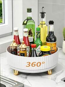 1Pc Large Capacity Multifunctional Rotating Storage Box - Heavy-Duty Plastic Storage Tray With Golden Leg Rack Suitable For Bathrooms, Kitchens, Offices, Living Rooms - Space Saving Modern Decorative Center Piece With Round Edges. - Multicolor - View 2