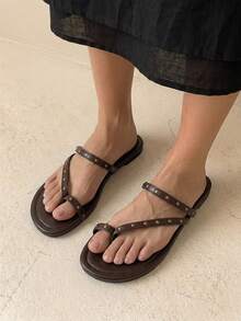HighSole Studded Thong Sandals In Chocolate Brown With Antique Gold Pyramid Accents-A Bold, Edgy Silhouette For Festival Style, Spring Street-Wear, Or An Effortless Summer Guest Look. - Brown - View 5