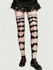 ROMWE Goth 1 Pair Hollow Bow Tie Lace-Up Over-The-Knee Socks, JK Adult High Tube Socks, Elastic Thin Long Socks - Black - View 3