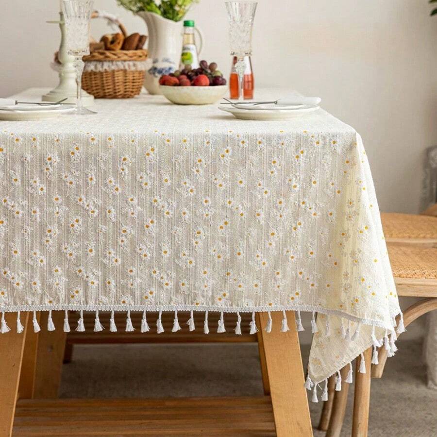 SHEIN 1pc Square Tassel Tablecloth, Fresh Pastoral Style Table Decoration With Daisy Pattern And Tassel Trim, Suitable For Picnic, Party, Room, Kitchen, Home Decor - goose yellow - View 1