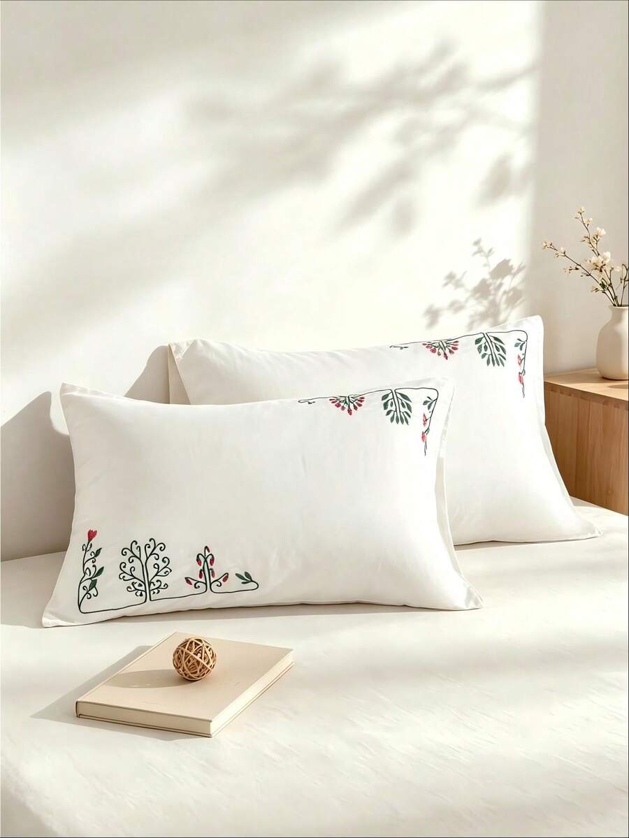 Cirelle 2件組 聚酯纖維刺繡信封式封口枕套,光滑透氣聚酯纖維床上用品枕頭保護套,信封式封口(不含枕芯) - 白色 - 查看 1