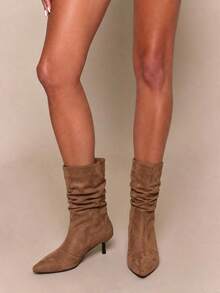 Daringsoles Pleated Stiletto Pointed But Knee Suede Mid Boots Kitten Heels Fall Shoes - Brown 2 - View 8