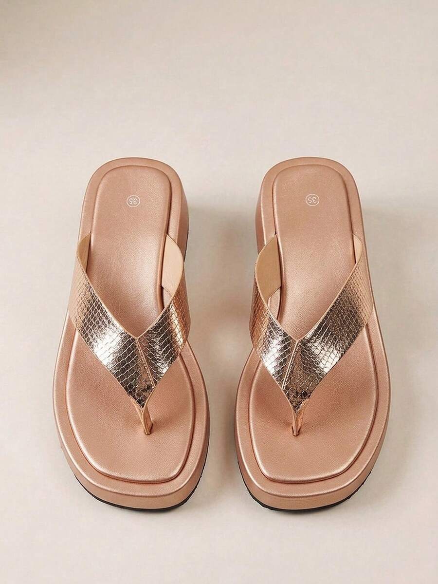 HighSole 金屬蛇紋設計簡約高端夾腳拖鞋涼鞋 海邊度假穿搭 - 香檳色 - 查看 1
