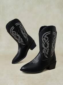 Styleloop Women's Black Gothic Punk Style White Embroidered Line V-Neck Butterfly Western Mid-Calf Chunky Heel Boots, Halloween Winter Boots - Black + white line - View 3