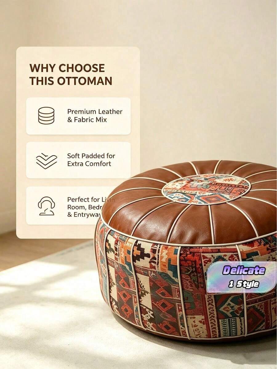1pc Bohemian Floral Embroidered Storage Ottoman (Without Filling), Soft Hidden Clothing And Toy Storage, Waterproof Pu Leather, Providing Comfortable Experience For Every Home Space, Suitable For Living Room, Bedroom, And Entryway, Single Piece For - Coffee Brown - View 1