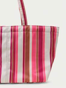 Nöista Striped Canvas Tote Bag In Pink,Green, Brown And Cream With Long Matching Handles, Zip Closure, And A Spacious Shape. - Red - View 8