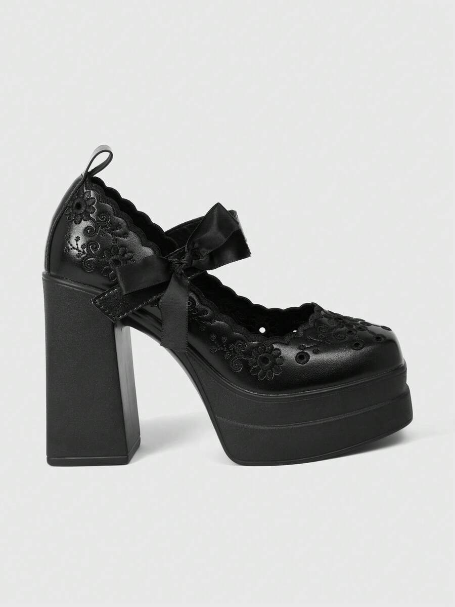 ROMWE Goth Ladies Sexy Platform High Heels Shoes Dark Retro Hollow Embroidery Engraved Bow Daily Commute Nightclub Party - Black - View 1
