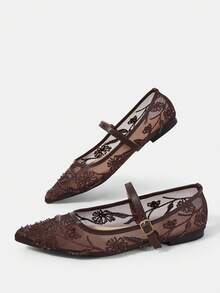CUCCOO HITCHD 女款網布刺繡串珠設計方頭瑪麗珍鞋，簡約扣環，法式低鞋面軟底透氣鞋 - 咖色 - 查看 6