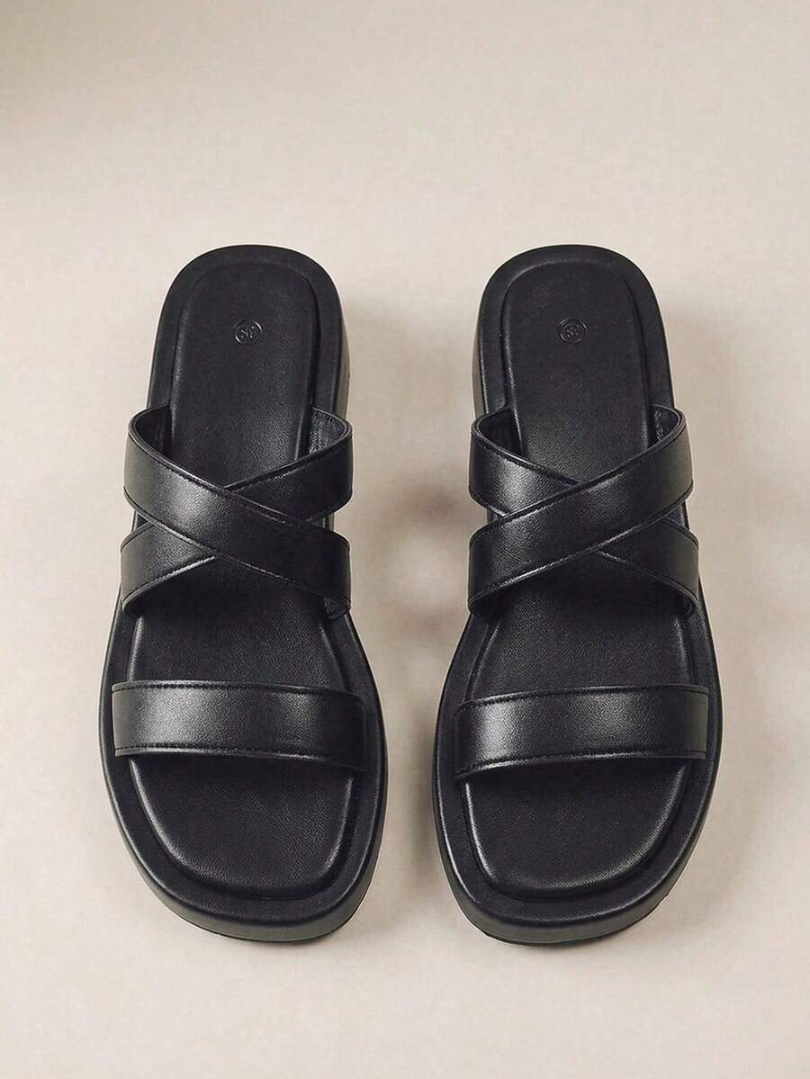 HighSole Spring And Summer Thick Bottom Double Belt Cross Design Open Toe Light And Mature Wind Black Comfortable Casual Sandals Women Wear Daily Street Travel - Black - View 1