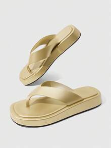 HighSole 春夏新款寬版夾腳設計開口趾厚底增高極簡風女款涼鞋 柔軟舒適防滑 通勤購物海邊度假音樂節百搭清爽夏季穿搭 - 淺金色 - 查看 10