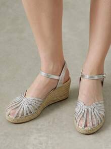 Styleloop Zapatos de plataforma con tacón de cuerda de cáñamo y tirador trenzado estilo vacacional plateado para mujer - Plateado - Ver 4