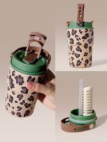 GLOWMODE 14oz Stainless Steel Leopard Tumbler With Collapsible Straw, Tea Strainer & Hot & Cold Insulation Hiking Gym Studio Workout Active Outdoor Gear - Brown - View 7