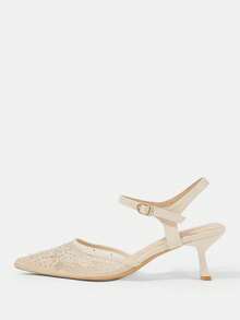 CUCCOO HITCHD French Mesh Rhinestone Pointed Back Empty Sandals Female Gentle Buckle Stiletto High Heels Breathable Embroidery Fairy Style Commuter Shoes - Apricot - View 2