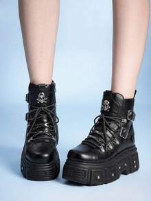 Sugerpunk Women Heeled Sandals New High-Top New Platform Dark PU Skull Head Rivet Ankle Boots Fried Street Motorcycle Boots Punk Platform Boots Winter Boots - Black - View 2