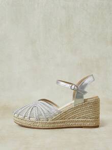 Styleloop Zapatos de plataforma con tacón de cuerda de cáñamo y tirador trenzado estilo vacacional plateado para mujer - Plateado - Ver 1