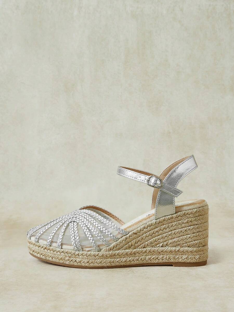 Styleloop Zapatos de plataforma con tacón de cuerda de cáñamo y tirador trenzado estilo vacacional plateado para mujer - Plateado - Ver 1