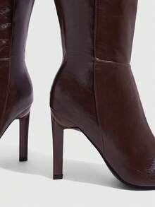 Daringsoles 女款粗跟高跟尖頭側拉鍊及膝長靴 性感通勤 PU 皮革秋冬女靴 - 咖啡棕1 - 查看 5