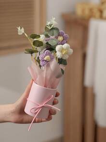 Handmade Daisy Flower Bouquet With Pink Round Gift Bucket, Artificial Floral Arrangement With Ribbon Bow, Mini Fake Flower Decor For Desktop, Birthday & Holiday Gift - Purple bouquet - View 10
